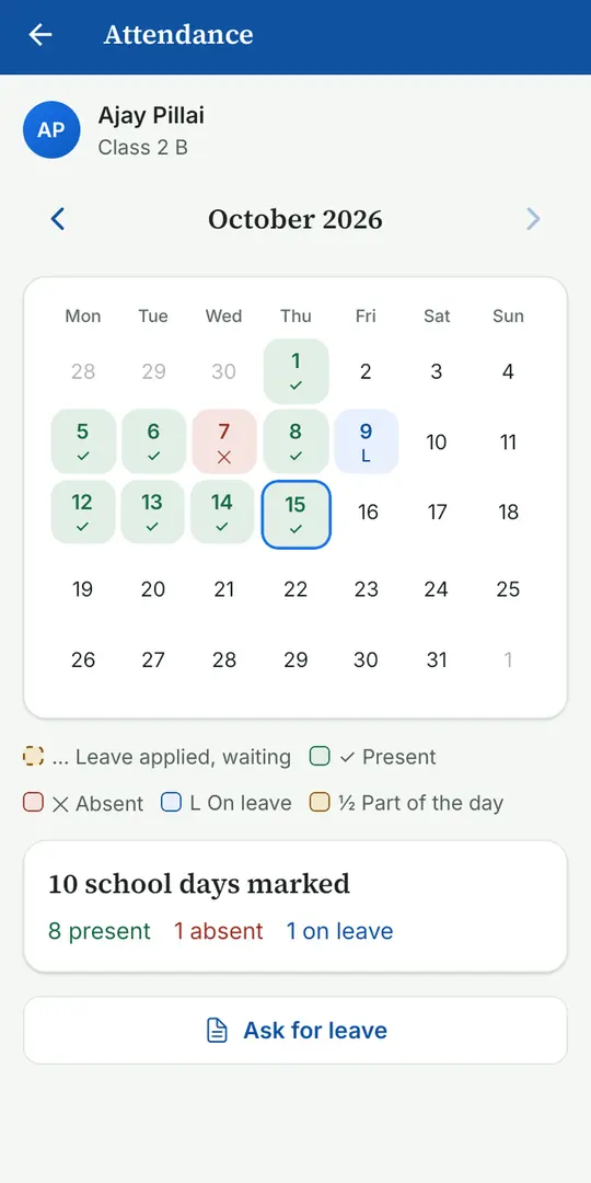 EduCampusOS attendance screen with the month at a glance