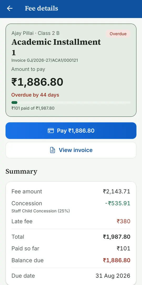 EduCampusOS fee details screen with the amount due and a Pay button