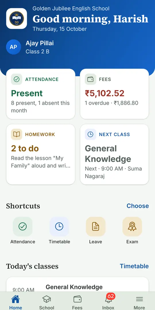 EduCampusOS parent home screen with attendance, fees, homework and the next class
