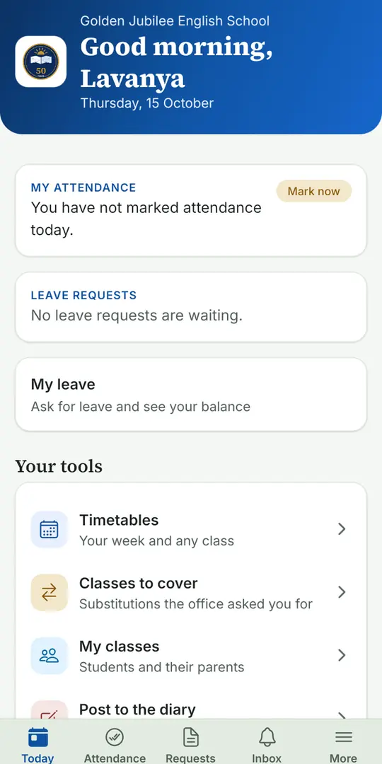 EduCampusOS teacher home screen with attendance and tools